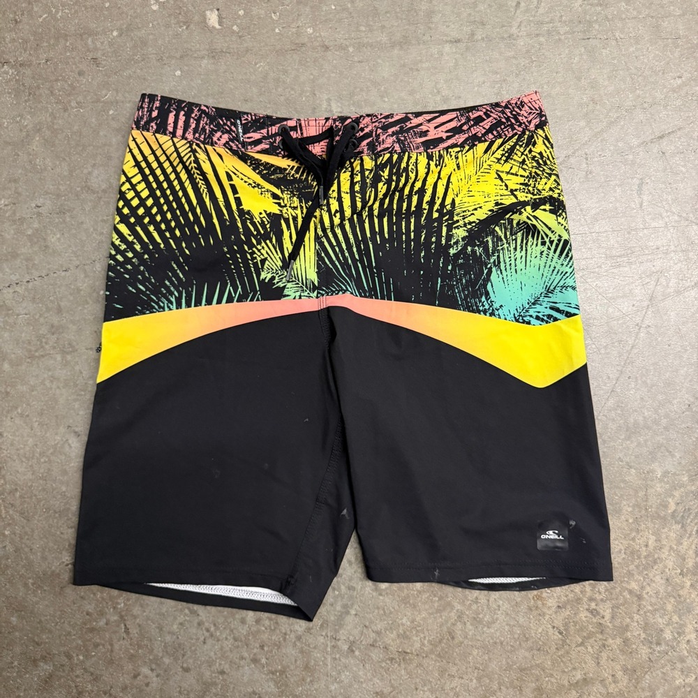 ONeill Hyperfreak Mens Board Shorts Black Tropical Palm Print Size 33 Stretch